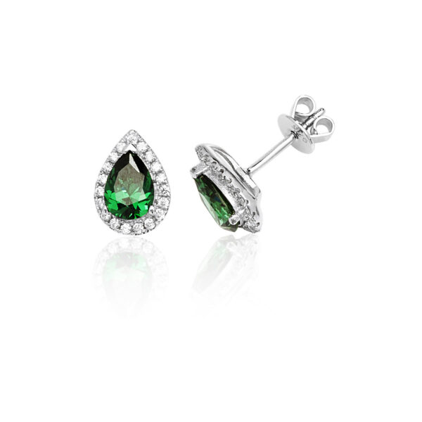 Silver Pear Shaped Green Cz Stud Earrings