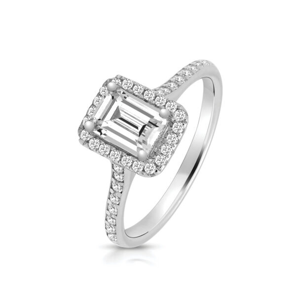 Silver Emerald Cut CZ Halo Ring