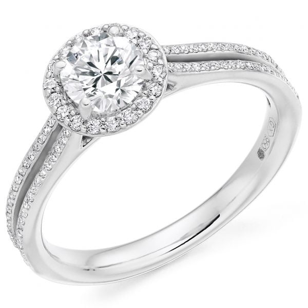 diamond halo ring with diamond set split shoulders