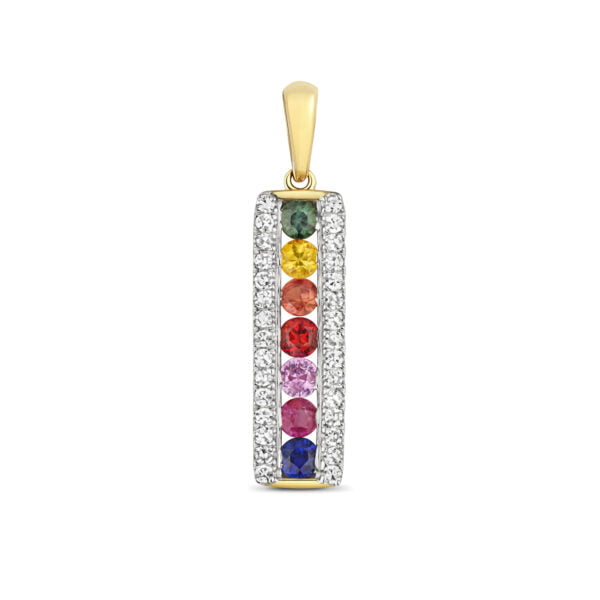 9 carat yellow gold rainbow sapphires and diamond pendant