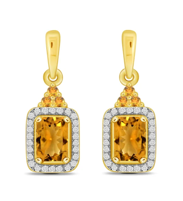 9ct Yellow Gold Citrine And Diamond Drop Earrings.