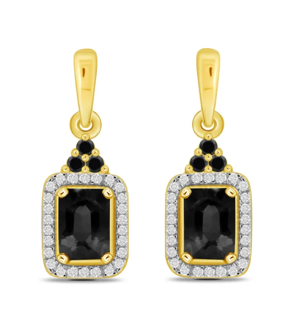 9 carat yellow gold black sapphire and diamond drop earrings
