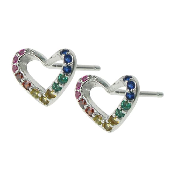 sterling silver rainbow cz heart stud earrings