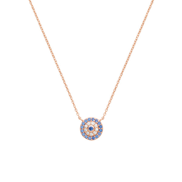 silver rose gold plated blue and white cz circle pendant necklace