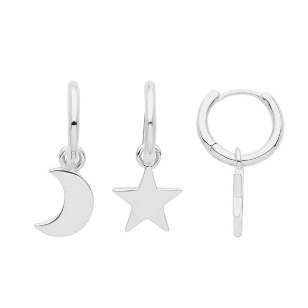 Silver Rhodium Plate Hoop Moon And Star Earrings
