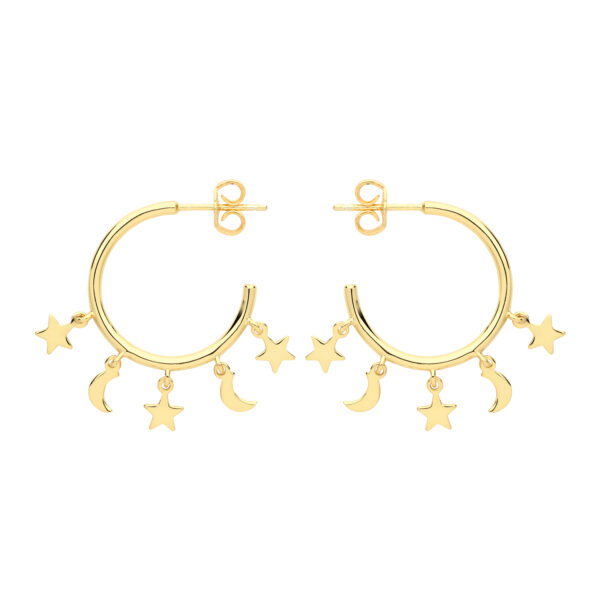 Silver Gold Plate Moon And Star Hoop Earrings