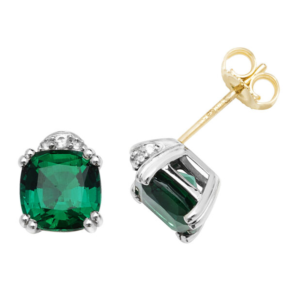 Gold Cushion Created Emerald Earrings