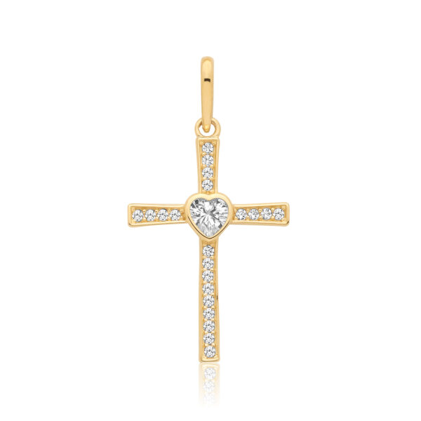 9 carat yellow gold heart cz and round cz fancy cross pendant