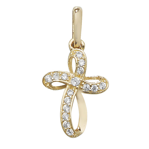 9 carat yellow gold twist design cross pendant set with czs cubic zirconias
