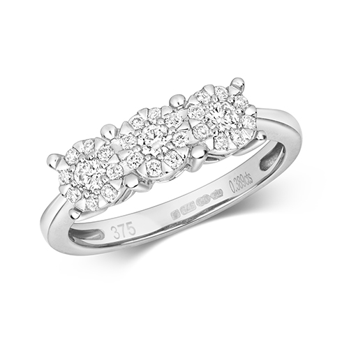 9 Carat White Gold Illusion Set 3 stone Diamond Ring