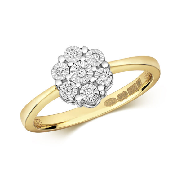 9 carat yellow gold illusion plate diamond cluster ring