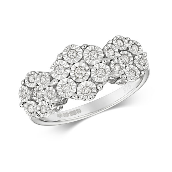 9 carat white gold diamond illusion set three stone style ring