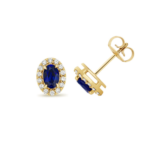 9 carat yellow gold lab grown sapphire and diamond cluster earrings