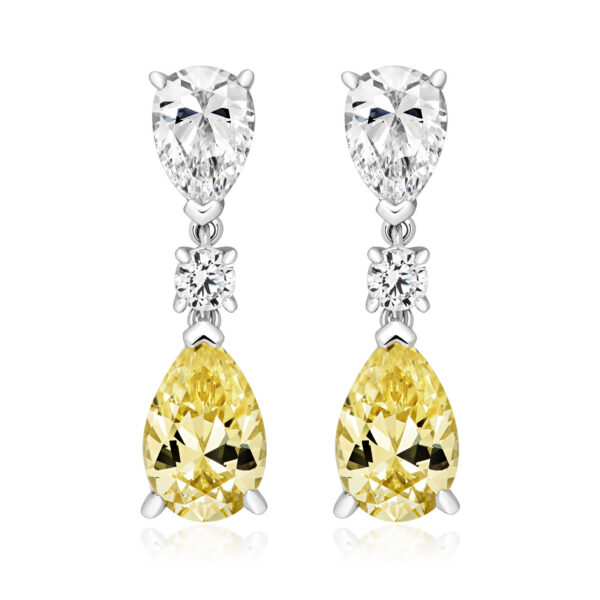 silver yellow pear cubic zirconia and white cubic zirconia drop earrings